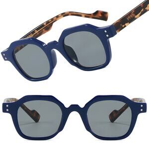 Dual Rivets Bold Modern Edge Gray Lens Unisex Blue & Tortoise Square Sunglasses